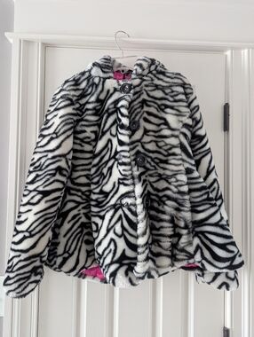 Girls' Black & White Zebra Faux-Fur Hooded Coat Jacket Size 14